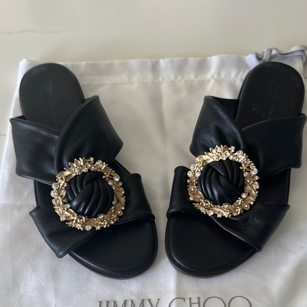Jimmy Choo Black and Gold Sandals